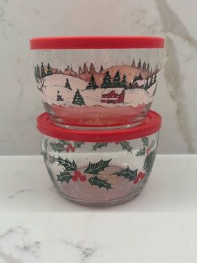 Vintage Libbey Glass Holiday Storage Containers Winter Village & Holly Berry